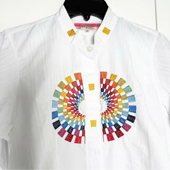 PRIDE- Rainbow Embroidered Blouse Size Medium Button Front Collar Long Sleeve - Picture 4 of 9